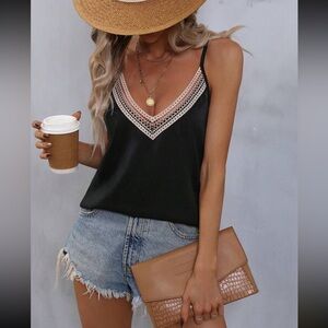 Boho black lace trim cami top